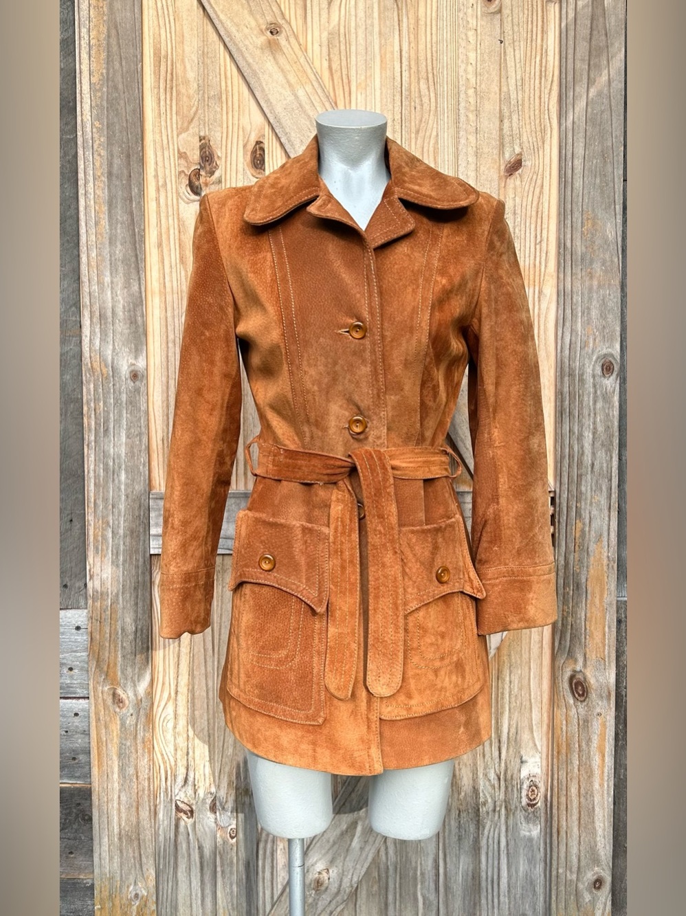 Vintage Retro 70s Mod Burnt Orange Suede Boho Mid Length Trench Coat~S~